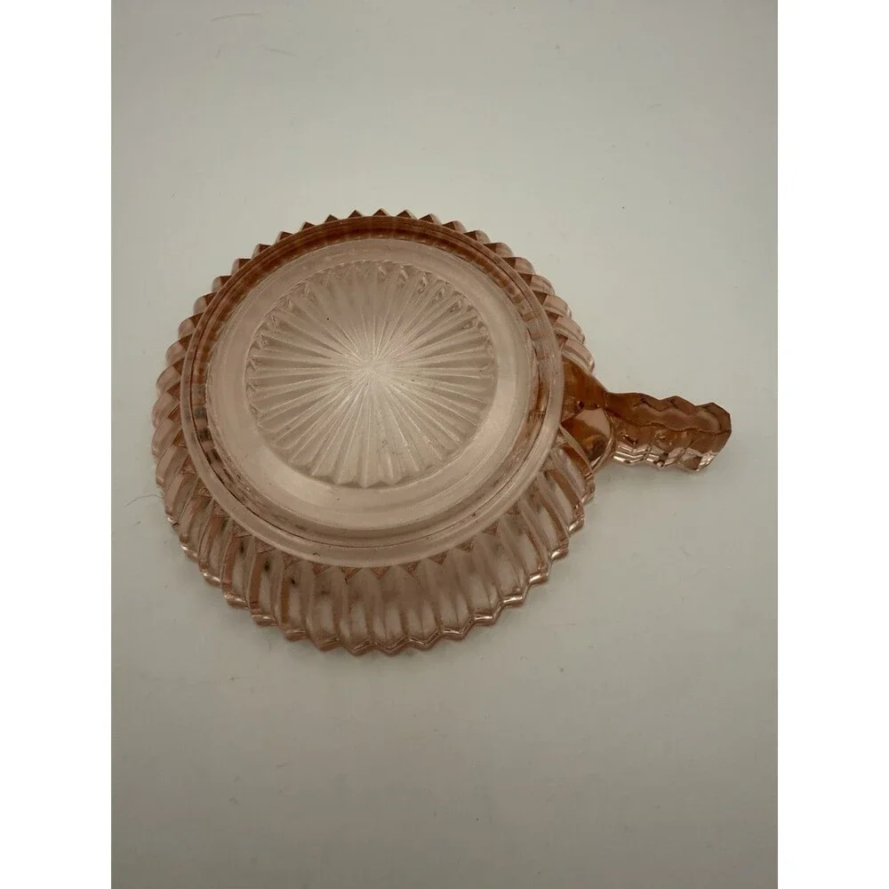Vintage Pink Depression Glass Dessert Bowl with Handle Ribbed Scalloped 4”